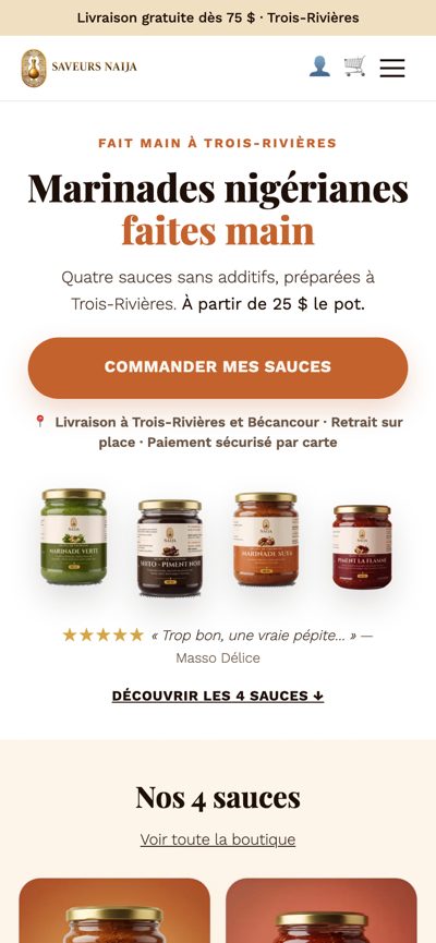 Saveurs Naija : Accueil, version mobile