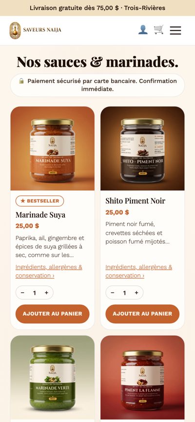Saveurs Naija : Boutique, version mobile