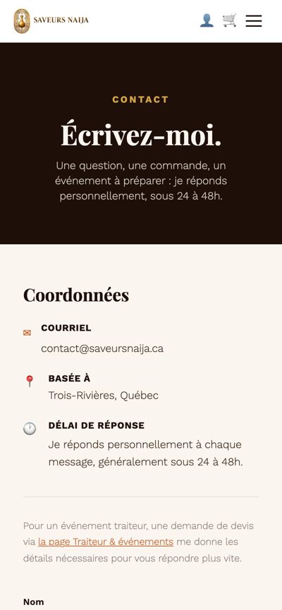 Saveurs Naija : Contact, version mobile