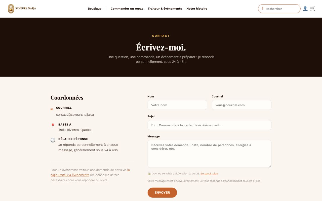 Saveurs Naija : Contact, version ordinateur
