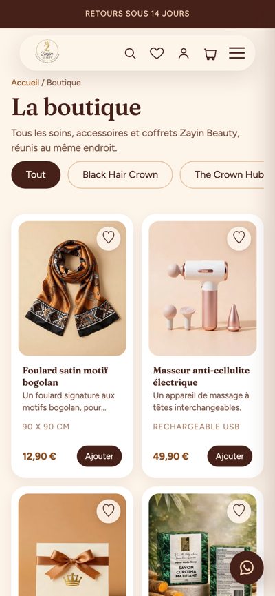 Zayin Beauty : Boutique, version mobile