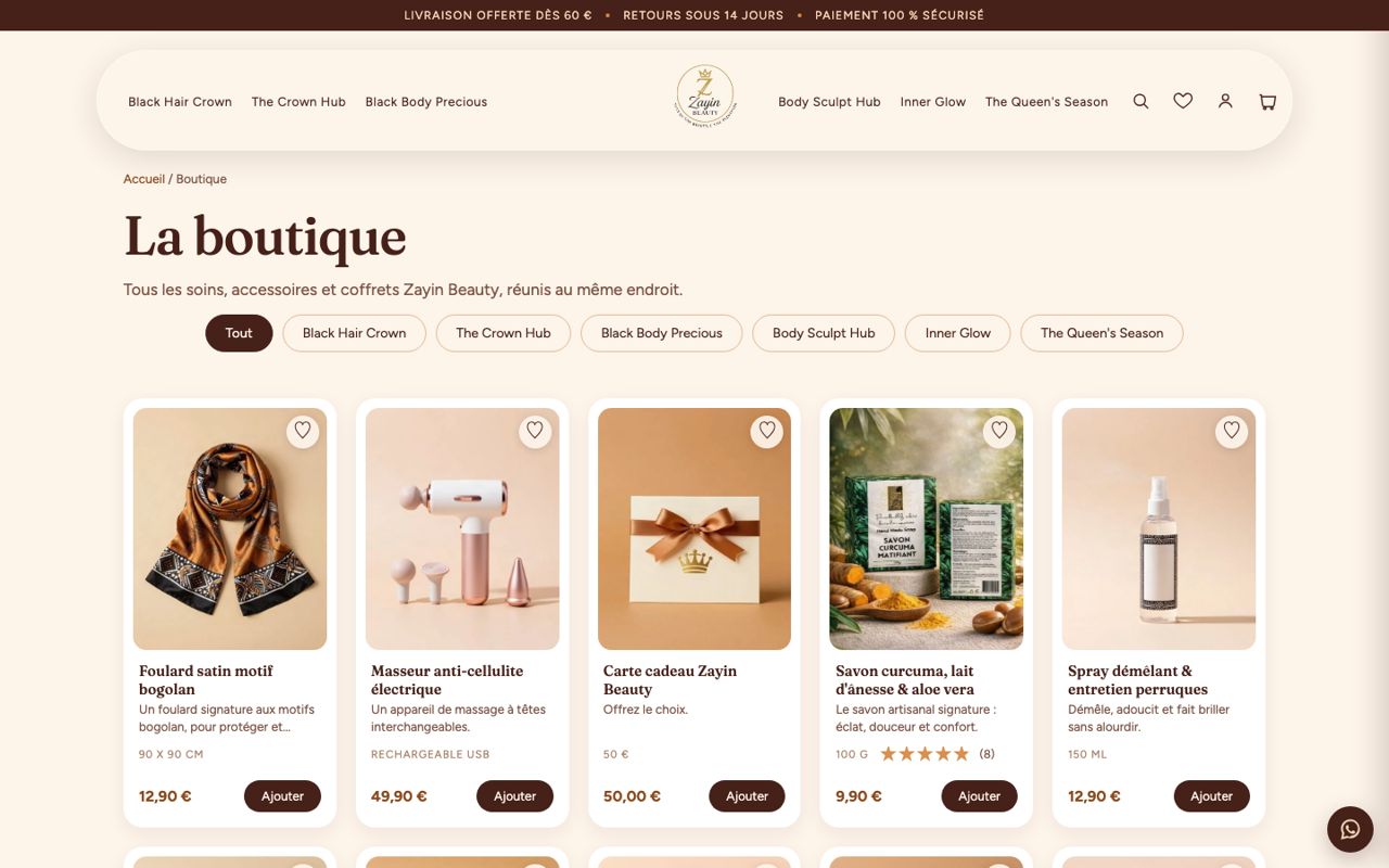 Zayin Beauty : Boutique, version ordinateur
