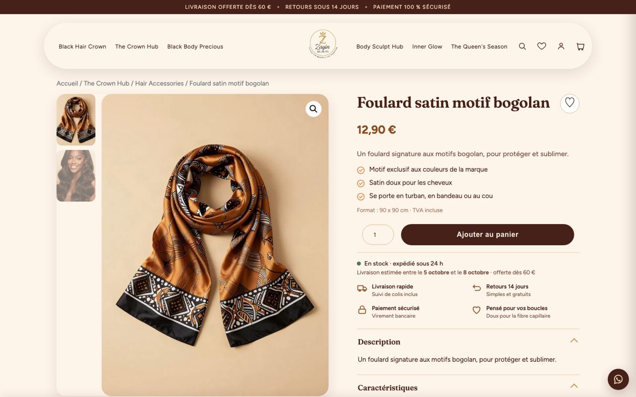 Zayin Beauty : Fiche produit, version ordinateur